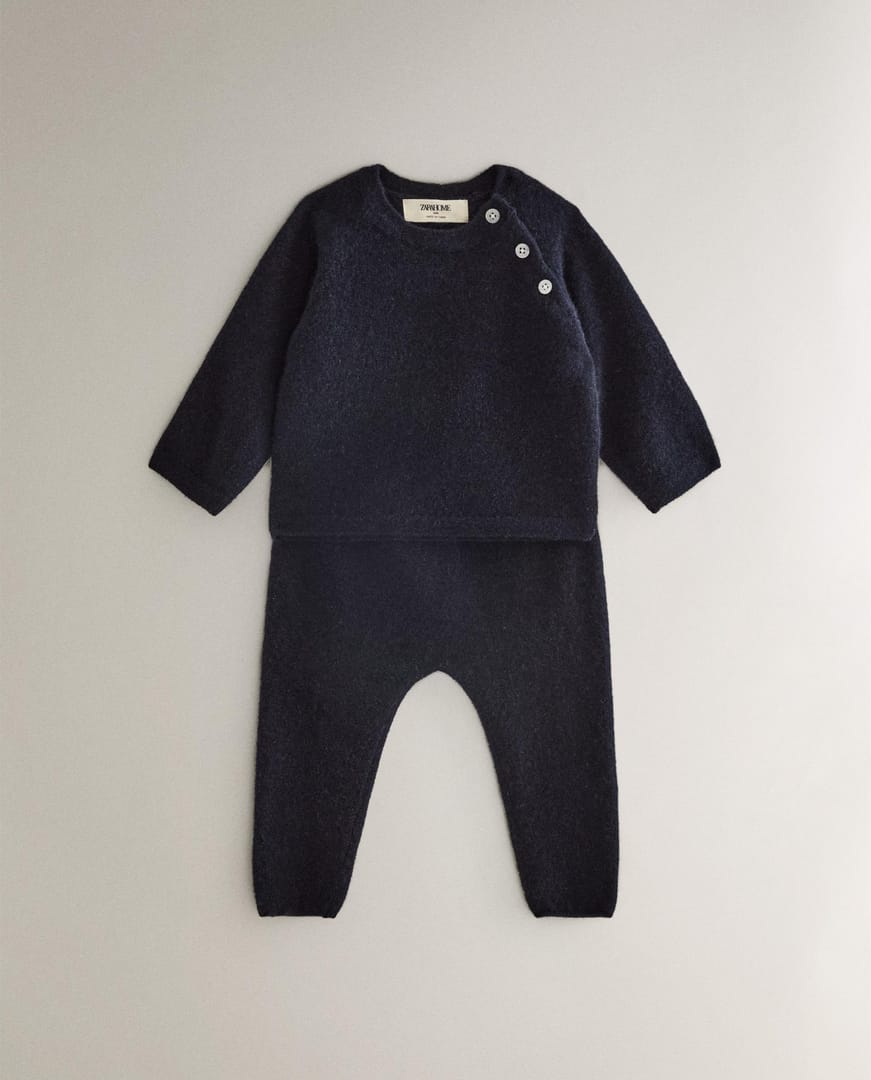 Детские ползунки ZARA HOME 9690/548/401 - из кашемира с гладким узором, 1-3 месяца (62 см), цвет темно-синий ракурс 4