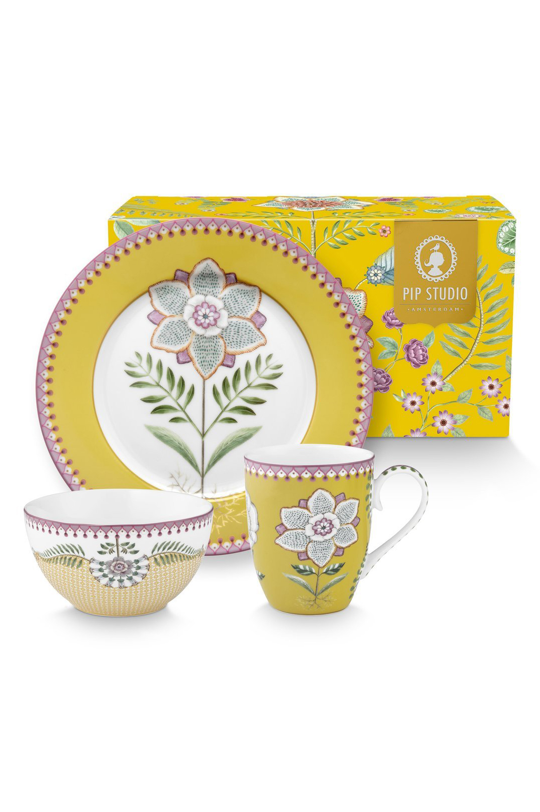 Набор предметов для завтрака Lily&Lotus Yellow (тарелка Ø21 см, пиала Ø15 см, кружка большая 365 мл) ракурс 2