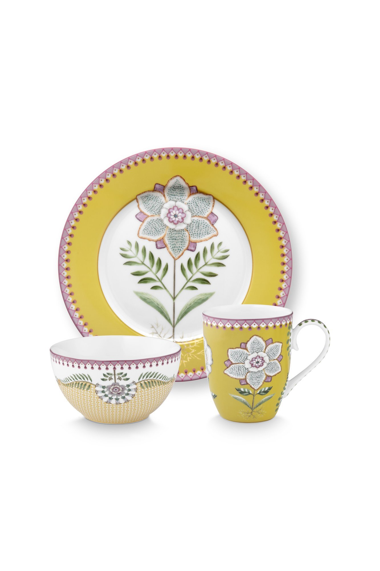Набор предметов для завтрака Lily&Lotus Yellow (тарелка Ø21 см, пиала Ø15 см, кружка большая 365 мл) ракурс 3