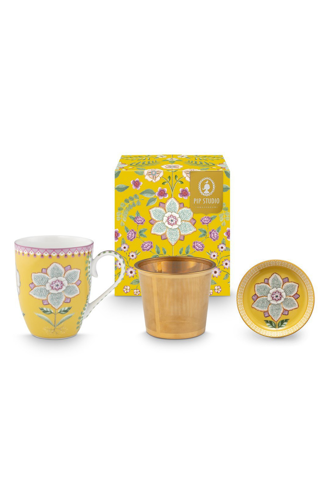 Набор предметов для чаепития Lily&Lotus Yellow (кружка 365 мл, блюдце для чайных пакетиков, ситечко для чая) ракурс 2