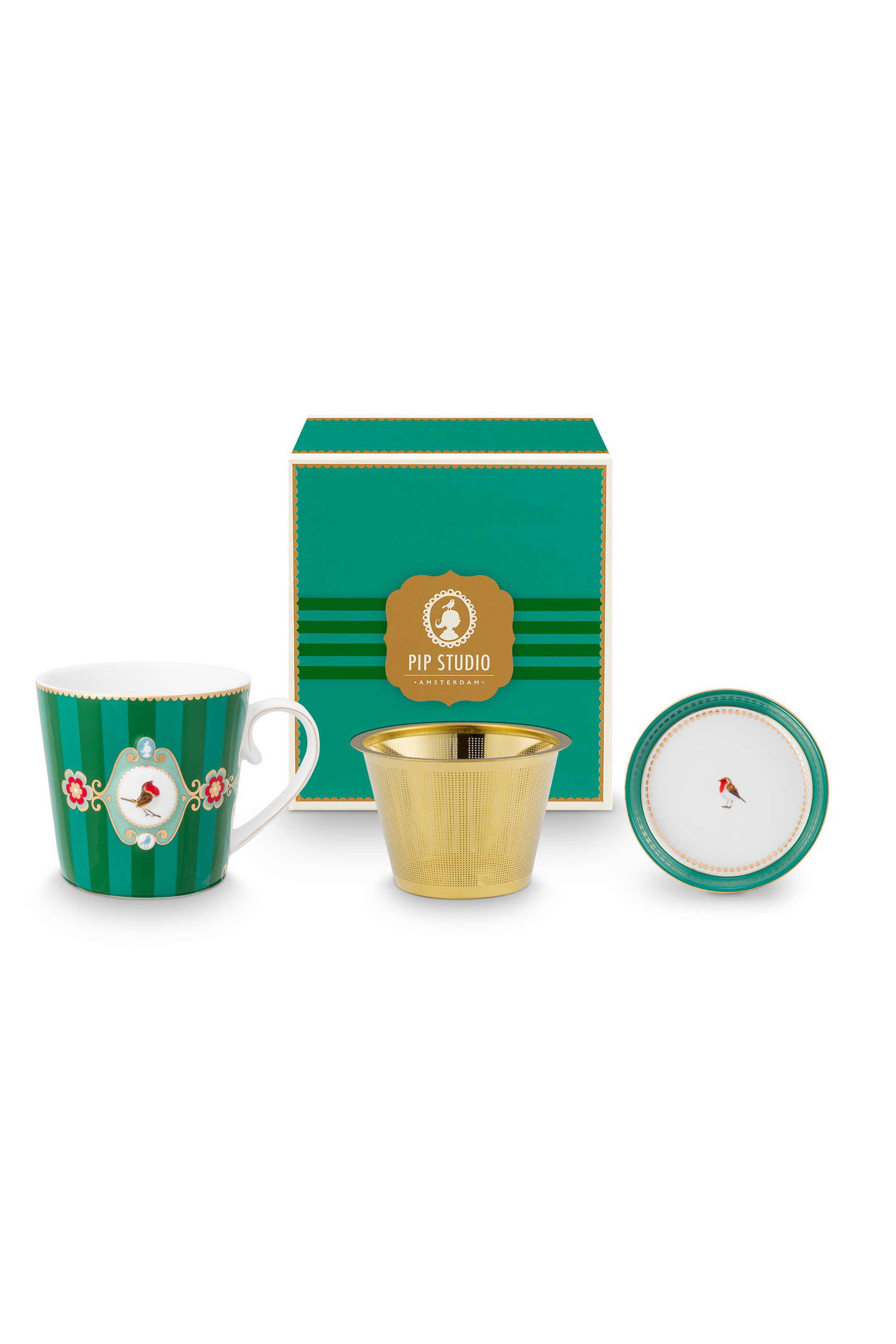 Набор предметов для чаепития Love Birds Stripes Emerald-Green (кружка 300 мл, блюдце для чайных пакетиков, ситечко для чая) ракурс 2