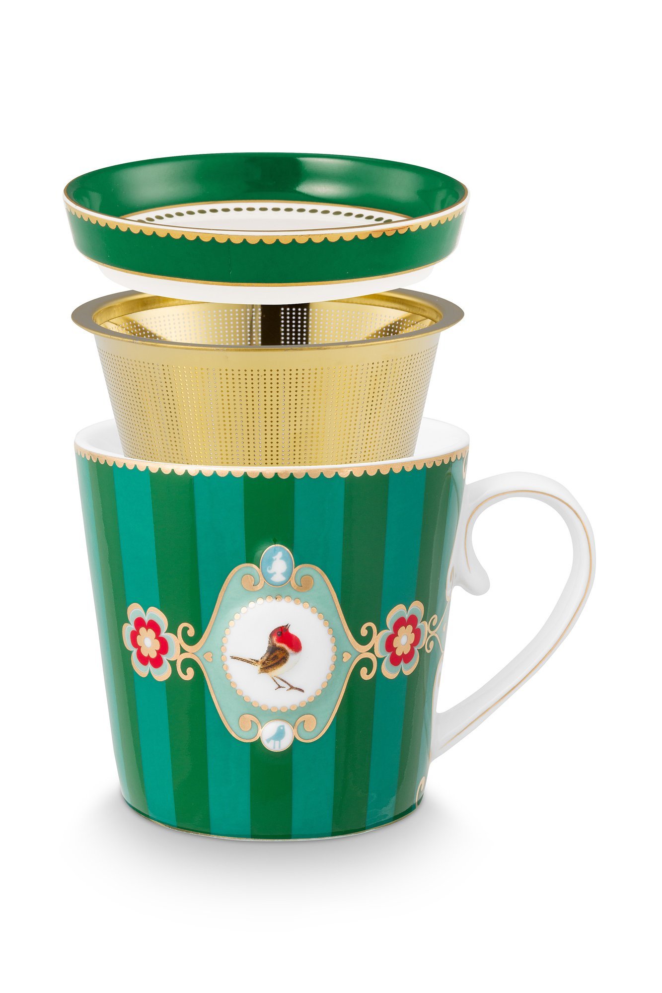 Набор предметов для чаепития Love Birds Stripes Emerald-Green (кружка 300 мл, блюдце для чайных пакетиков, ситечко для чая) ракурс 4