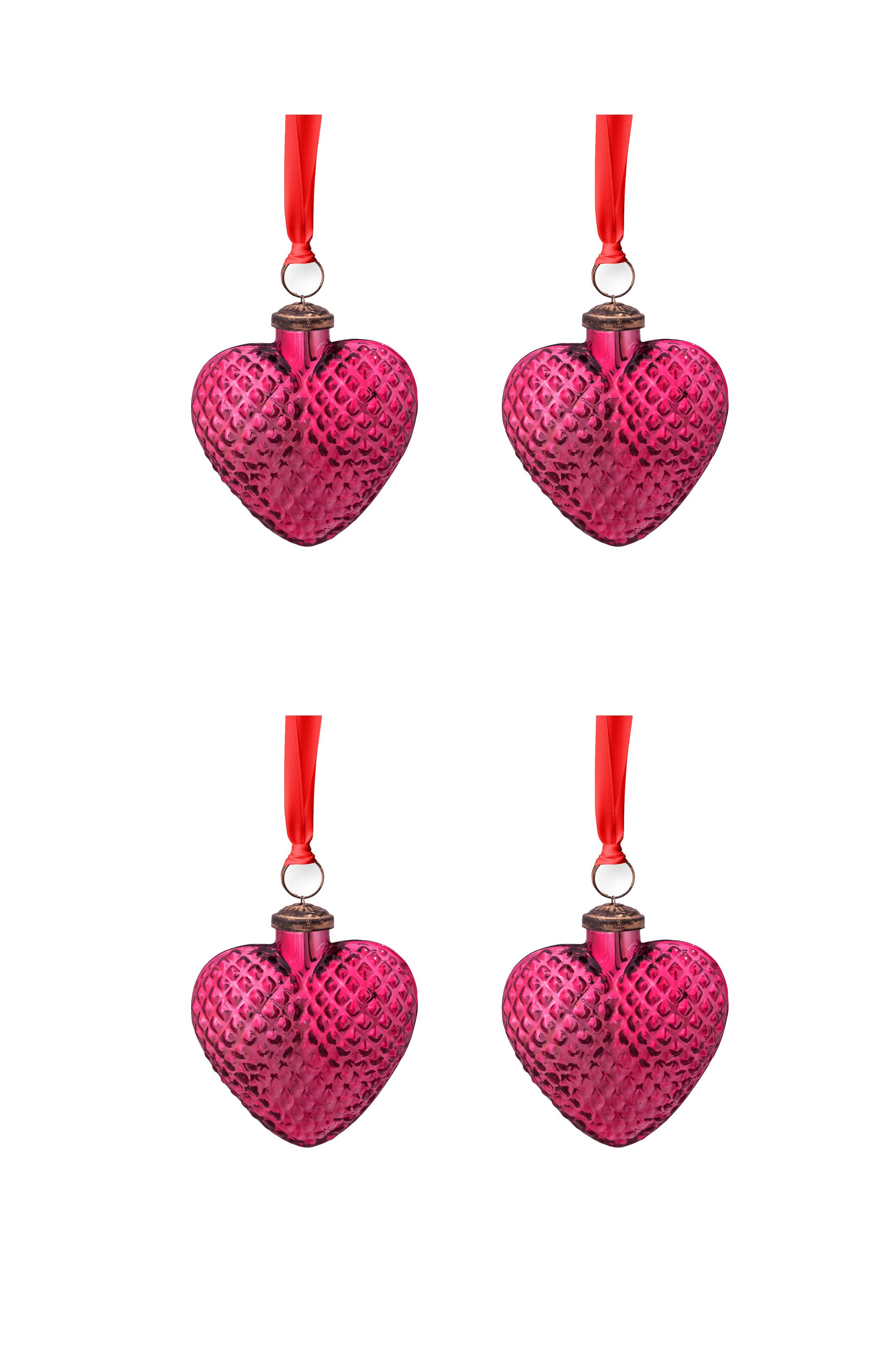 Набор (4 шт.) елочных украшений в форме сердца Glass Heart Pink, 10 см