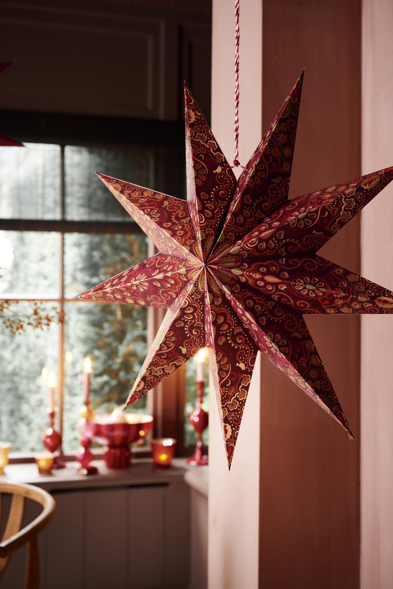 Звезда подвесная декоративная рождественская Star Paper Overall Print Dark Red, 110 см